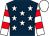 Dark blue, white stars, white and red hooped sleeves, white cap (sportsdays co uk)