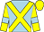 Light blue, yellow cross belts, yellow sleeves, light blue armlets, yellow cap (Mrs Sarah Hamilton & Mr Chris Budgett)