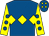 Royal blue, yellow triple diamond, yellow sleeves, royal blue spots, royal blue cap, yellow diamonds (Mr Mark Bates & Mrs E Burke)