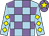 Light blue and mauve check, light blue sleeves, yellow diamonds, mauve cap, yellow star (Mr Oliver Lodge)