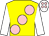 Yellow, large pink spots, white sleeves, white cap, pink spots (Mrs J A Cleary)