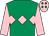 Emerald green, pink triple diamond & sleeves, pink cap, emerald green diamonds (Mrs Sandra Maye)