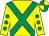 Yellow, emerald green cross belts, yellow sleeves, emerald green spots, emerald green and yellow quartered cap (P B Mitford-slade & Miss Joanna Steve)
