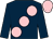 Dark blue, large pink spots, pink cap (Mrs S Smith)