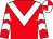 Red, white chevron, white chevrons on sleeves, quartered cap (Slaneyville Syndicate)