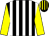 Black and white stripes, yellow sleeves, black and yellow striped cap (Mr Brendan Richardson)