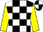 Black and white check, yellow sleeves, black and white quartered cap (Mr Malcolm C Denmark)