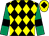 Black and yellow diamonds, emerald green sleeves, black armlets, yellow cap, black diamond (Philippa Downing, Clive Dunning & S Pi)