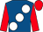 Royal blue, large white spots, red sleeves and cap (Mighty Acorn Stables)