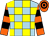 Light blue and yellow check, orange and black hooped sleeves and cap (The Knot Again Partnership)