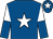 Royal blue, white star, white and royal blue halved sleeves, royal blue cap, white star (M Four Properties Ltd)