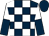 Dark blue and white check, white and dark blue halved sleeves, dark blue cap (The Zidane Partnership)