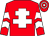 Red, white cross of lorraine, chevrons on sleeves, hooped cap (Moorland Racing)