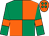 Emerald green and orange (quartered), emerald green sleeves, orange armlets, orange cap, emerald green spots (Mrs Beverley Bostock)