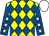 Yellow and royal blue diamonds, royal blue sleeves, white stars, white cap (Five Guys & A Striker Syndicate)