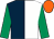 Dark blue and white (halved), emerald green sleeves, orange cap (The Large G & T Partnership)