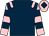 Dark blue, pink epaulettes, pink & dark blue hooped sleeves, pink cap, dark blue diamond (Mrs Natalie Queally)