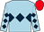 Light blue, dark blue triple diamond, dark blue diamonds on sleeves, red cap (Swipe Right Syndicate)