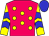 Fuchsia, yellow dots, blue chevrons on yellow sleeves, blue cap (Taking Risks Stable LLC)