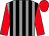 Grey and black stripes, red sleeves and cap (Mrs Fiona Shaw)