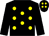 Black, yellow spots, black sleeves, yellow spots on cap (Mrs Diane Flanagan)