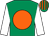 Emerald green, orange disc, white sleeves, emerald green & orange striped cap (T P Healy)