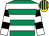 Emerald GREEN and WHITE HOOPS, white and black hooped sleeves, yellow and dark blue striped cap (Fintan Feeney)