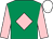 Emerald green, pink diamond & sleeves, white cap (Mrs J M Mullins)