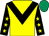 YELLOW, BLACK chevron, BLACK sleeves, YELLOW stars, EMERALD GREEN cap (Mrs J Morley)