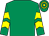Emerald green, yellow chevrons on sleeves, hooped cap (Gaels Racing Club)