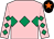 PINK, EMERALD GREEN triple diamond, diamonds on sleeves, BLACK cap, ORANGE star (Mrs C Loughnane)
