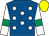 Royal blue, white spots, white sleeves, emerald green armlet, yellow cap (Castlehume Syndicate)