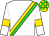 White, gold & lime green sash, gold armlets on white sleeves, gold & green checked cap (Happy And Free Syndicate)