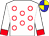 White body, red circles and cuffs, blue and yellow quartered cap (Five Up High Syndicate (nom: Mr D E Ferraris))