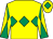 Yellow, emerald green triple diamond, diabolo on sleeves and diamond on cap (The Cocoa Nuts & The Tricksters)