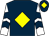 Dark blue, yellow diamond, white and dark blue chevrons on sleeves, dark blue cap, yellow diamond (Iredale Racing & Gg Thoroughbreds I)