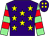 Purple, yellow stars, light green and red hooped sleeves, purple cap, yellow spots (Dd Racing & Professor L P Hardwick)