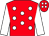 Red, white spots, white sleeves, red cap, white spots (Mrs S Viljoen)