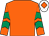 Orange, emerald green chevrons on sleeves, white cap, orange diamond (Mr Diablo Partnership)