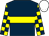 Dark blue, yellow hoop, yellow and dark blue check sleeves, white cap (The Savy Group)