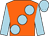 Orange, large light blue spots, sleeves and cap (Mr & Mrs W & Dr T Davies & Mrs T Grund)
