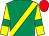 Emerald green, yellow sash, yellow sleeves, emerald green armlet, red cap (James Carey)