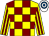 Yellow & maroon check, striped sleeves, white & royal blue hooped cap (Givmefive Syndicate)