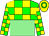 Green & yellow checks, light green halved horizontally, green hoop on yellow cap (Li Wing Hon)