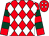 Red and white diamonds, red and dark green hooped sleeves (Mrs Jo Bland)