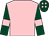 Pink, dark green sleeves, pink armlets and spots on dark green cap (Miss Louise Allan)