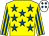 Yellow, royal blue stars, striped sleeves, white cap, royal blue diamonds (Men From The East Syndicate)