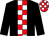 Black, red and white checked stripe, red and white checked cap (Mr P E White)