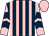 Dark blue and pink stripes, pink and dark blue chevrons on sleeves, pink cap (Mrs J O'Connor)