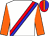 white, red and blue sash, orange sleeves, red and blue halved cap, orange stripe (Mrs C Bradley)